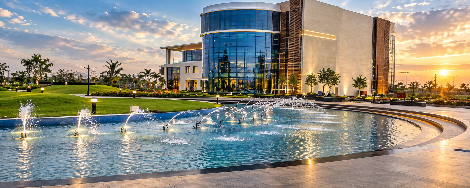 Contemporary commercial building with landscaped gardens and fountain at sunset